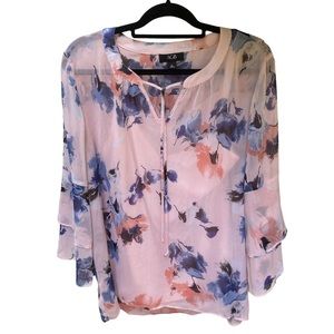 AGB Sheer Top Blue Floral on Pink w Pink Tank Tie at Neck Size XL EUC
